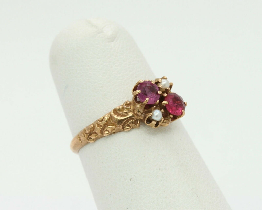 Victorian 14K Rose Gold Seed Pearl Ruby Promise Ring