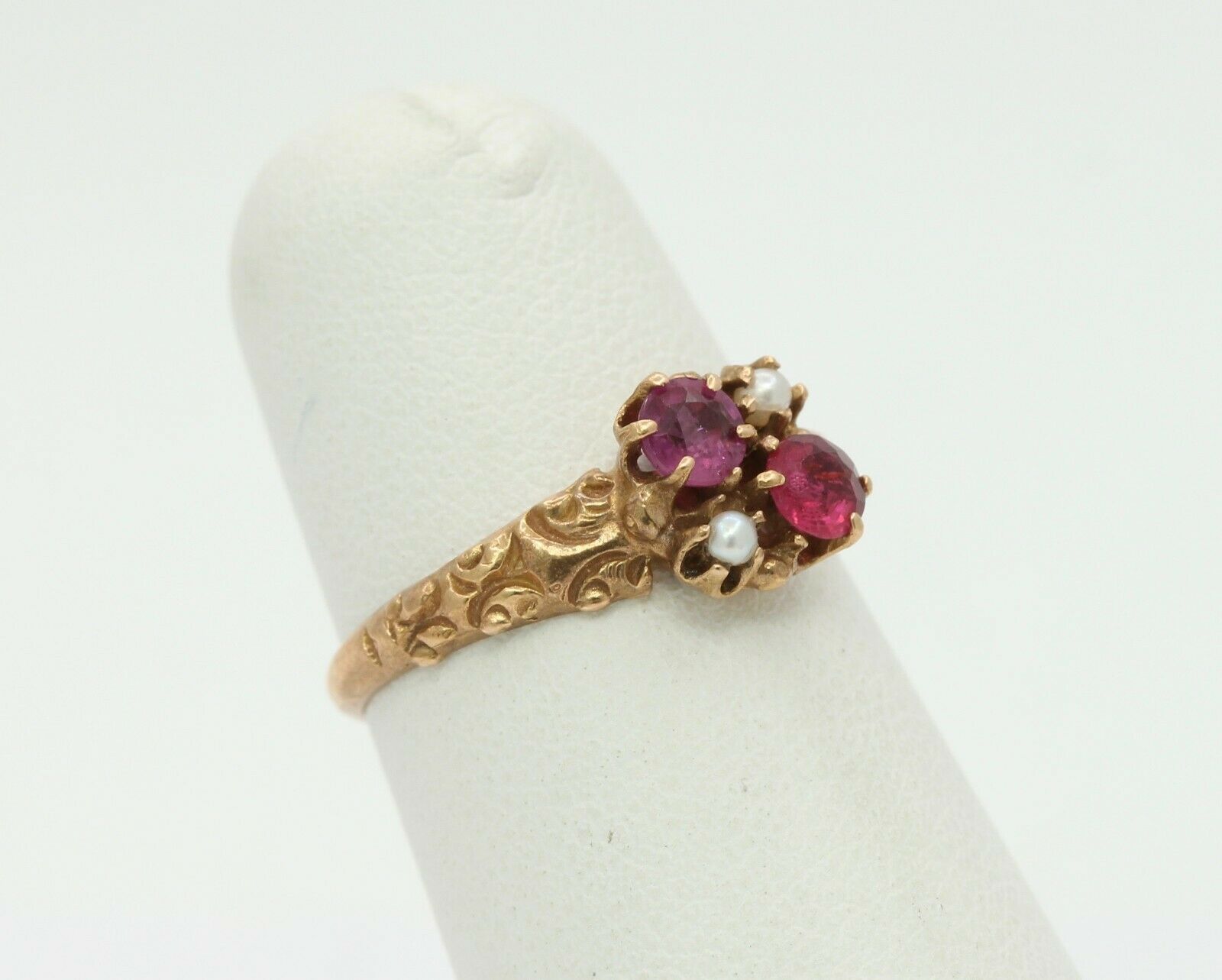 Victorian 14K Rose Gold Seed Pearl Ruby Promise Ring