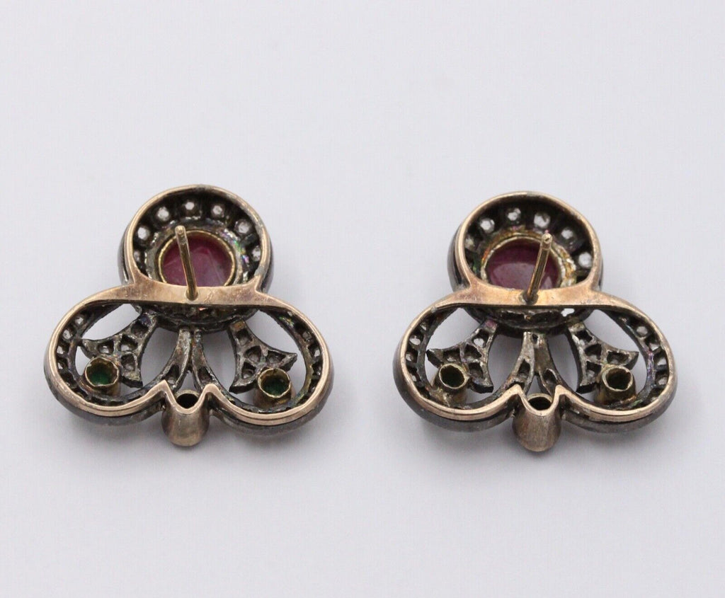 Antique 14K Gold & Silver Diamond, Ruby, Emerald and Sapphire Earrings