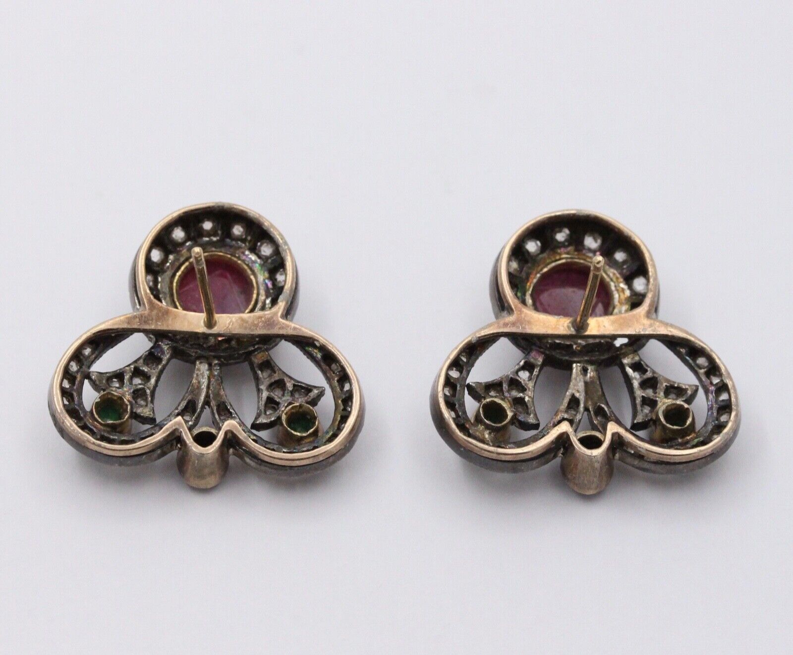 Antique 14K Gold & Silver Diamond, Ruby, Emerald and Sapphire Earrings