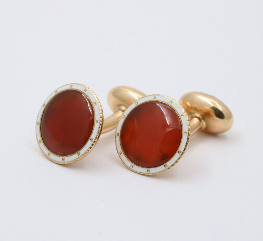 Vintage Carnelian White Enamel 14K Yellow Gold Cufflinks