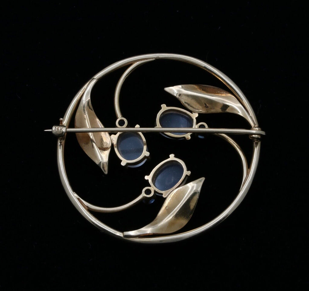 Vintage Moonstones Sapphires 14K YG Flower Brooch