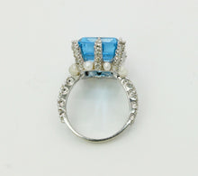 Load image into Gallery viewer, Elegant Retro Emerald Cut Blue Topaz Diamonds Pearls 18K White Gold Ring
