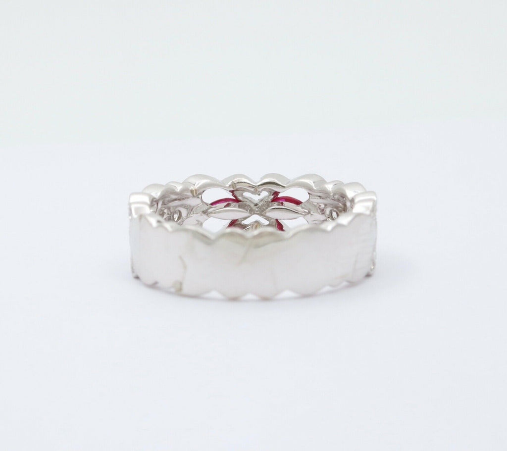 Vintage 18K White Gold Ruby & Diamond Half Eternity Heart Band Ring