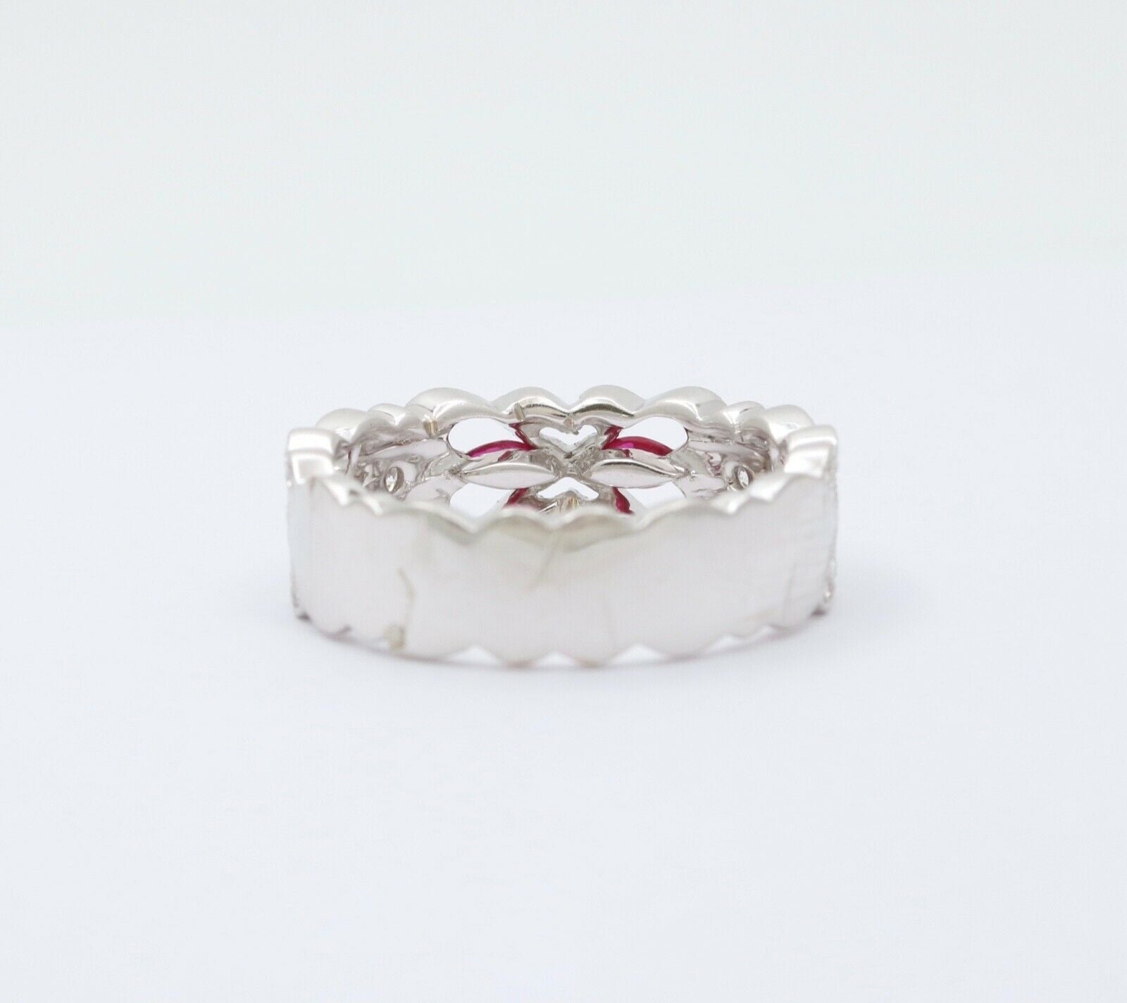 Vintage 18K White Gold Ruby & Diamond Half Eternity Heart Band Ring