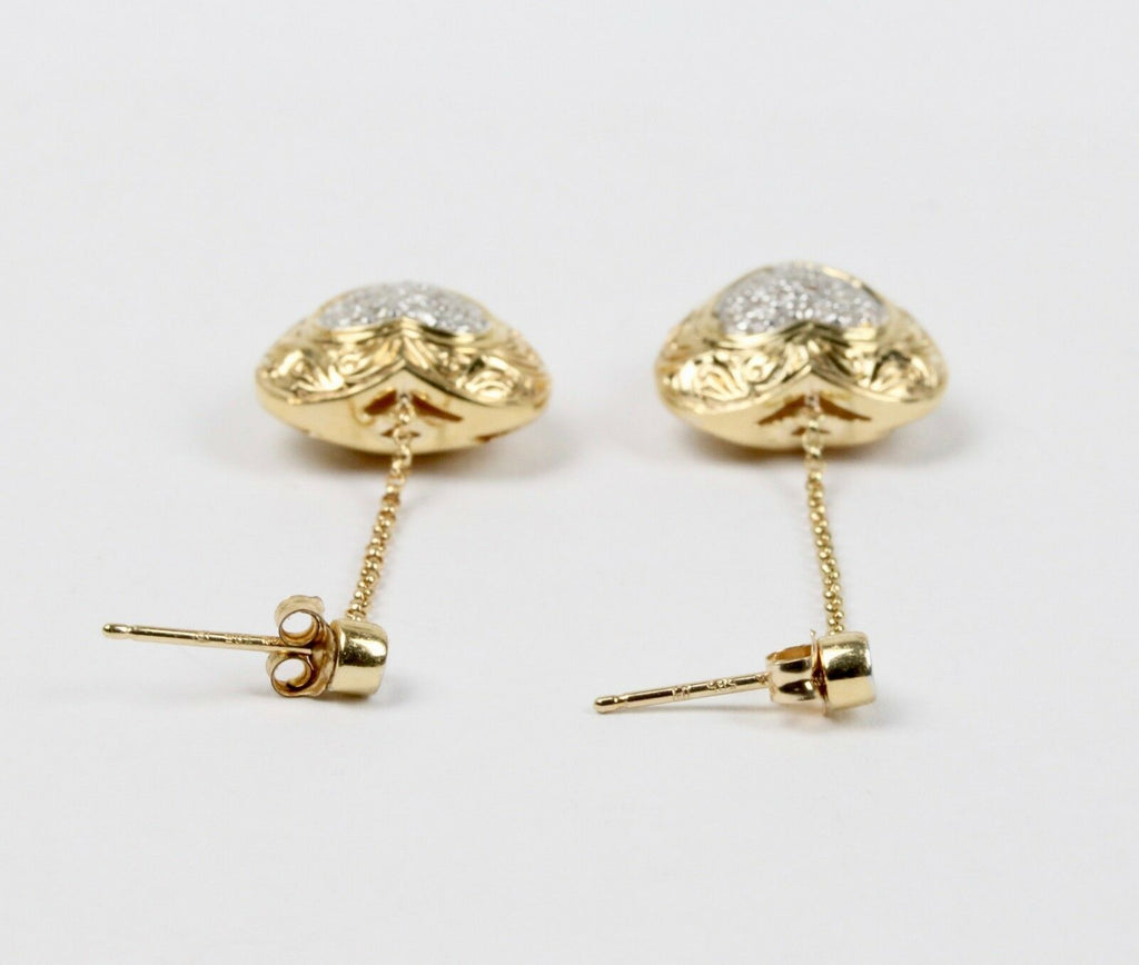 Vintage 14K Yellow Gold Diamond Heart Dangling Earrings