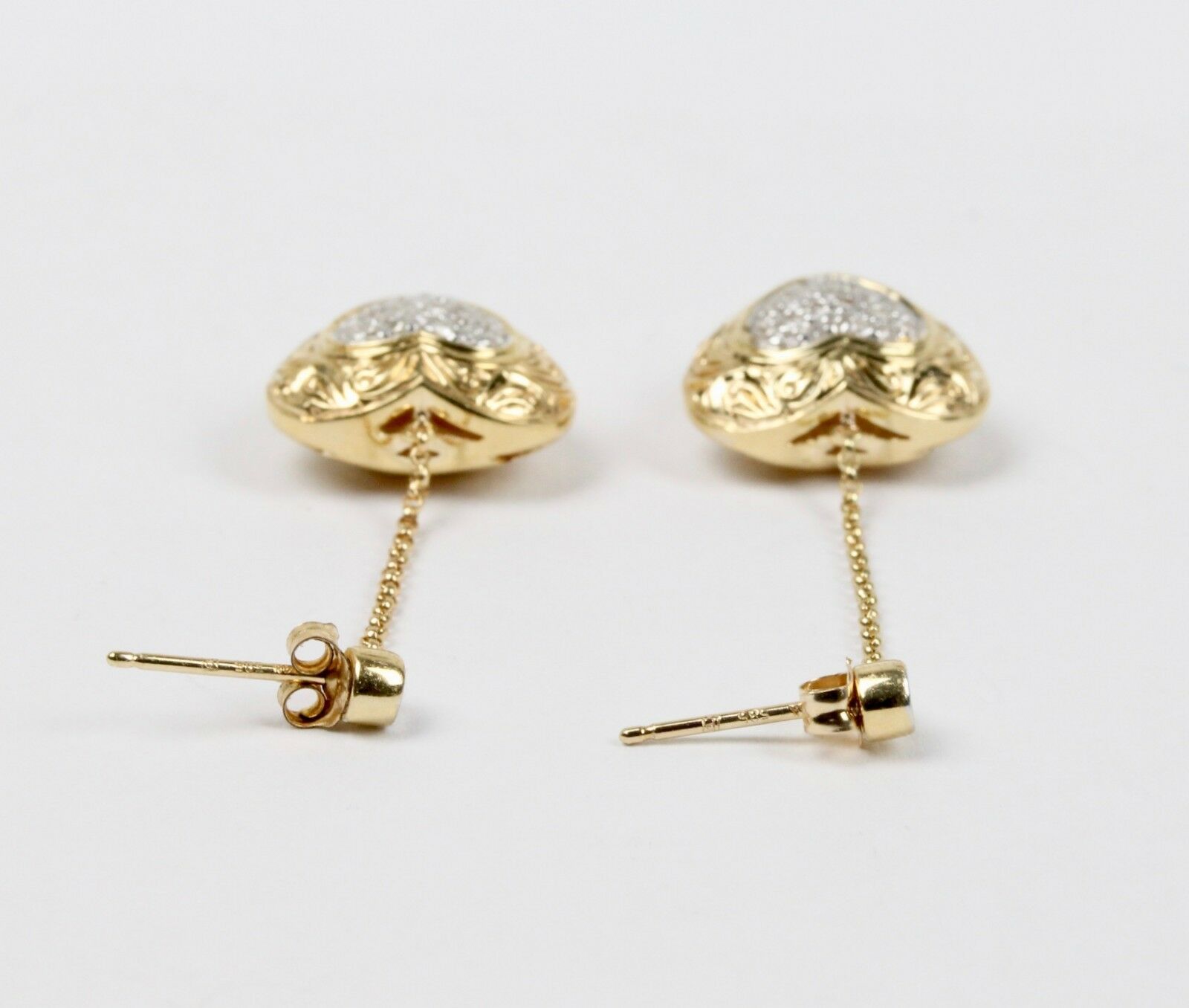 Vintage 14K Yellow Gold Diamond Heart Dangling Earrings