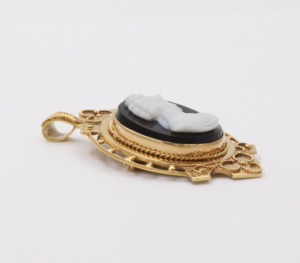 Antique 10K Yellow Gold Onyx Cameo Pendant Brooch