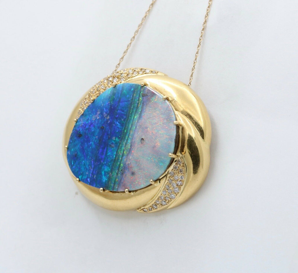 Ocean and Sky Boulder Opal Diamonds 18K Yellow Gold Pendant