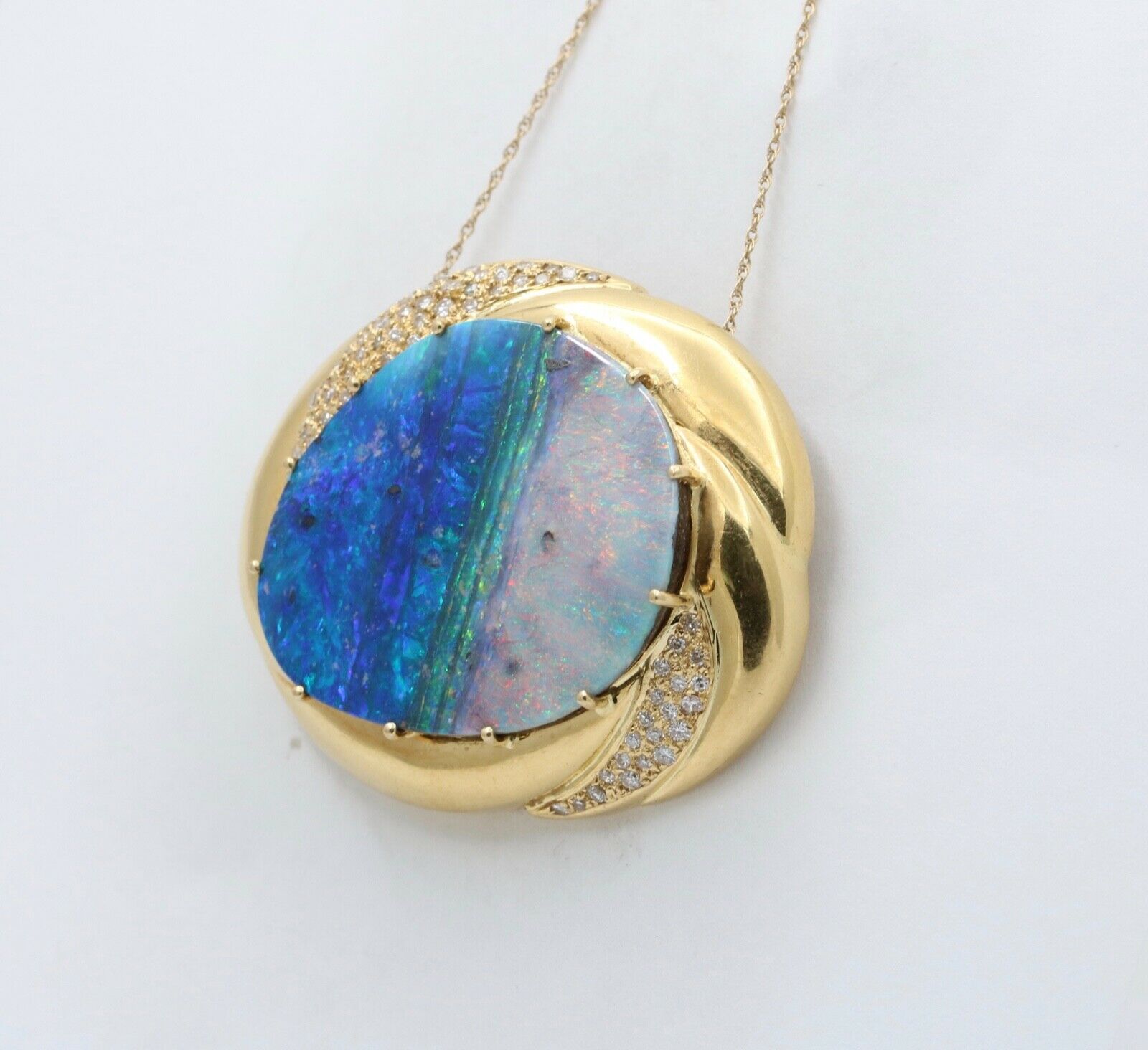 Ocean and Sky Boulder Opal Diamonds 18K Yellow Gold Pendant