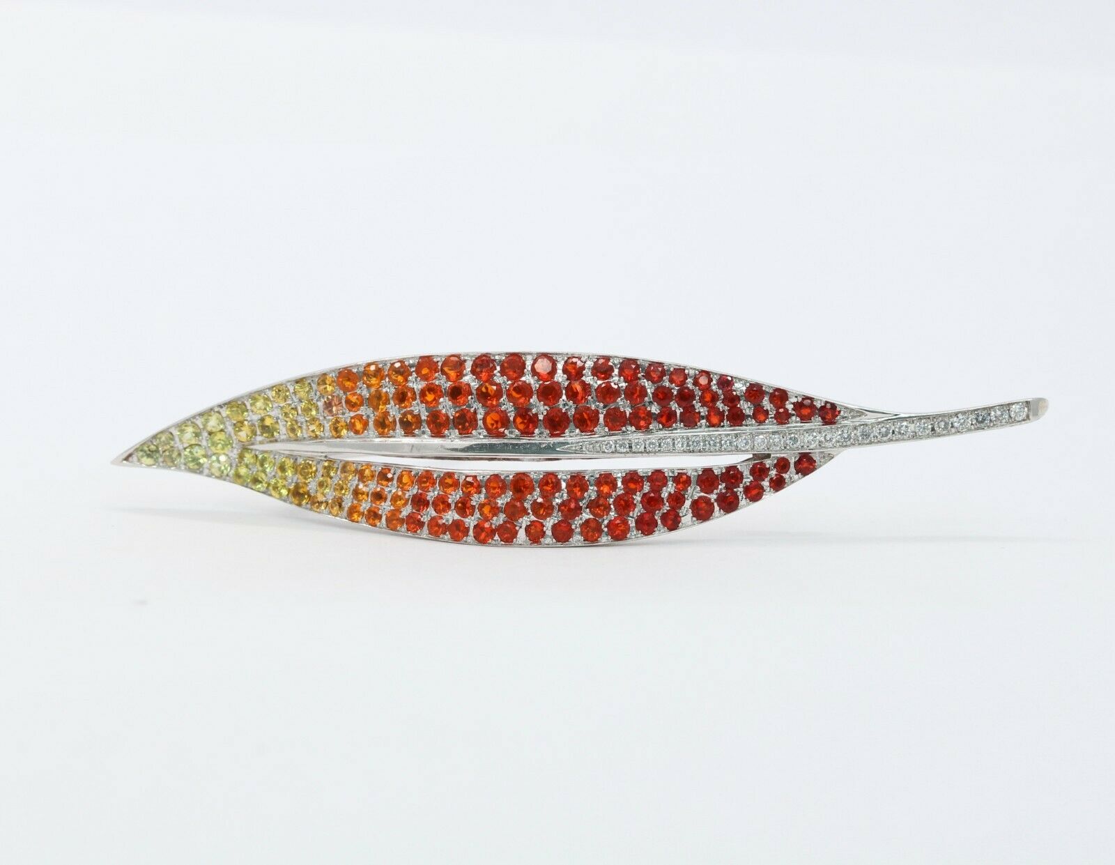 Vintage 18K White Gold Multi-Colored Sapphire Diamond Leaf Brooch