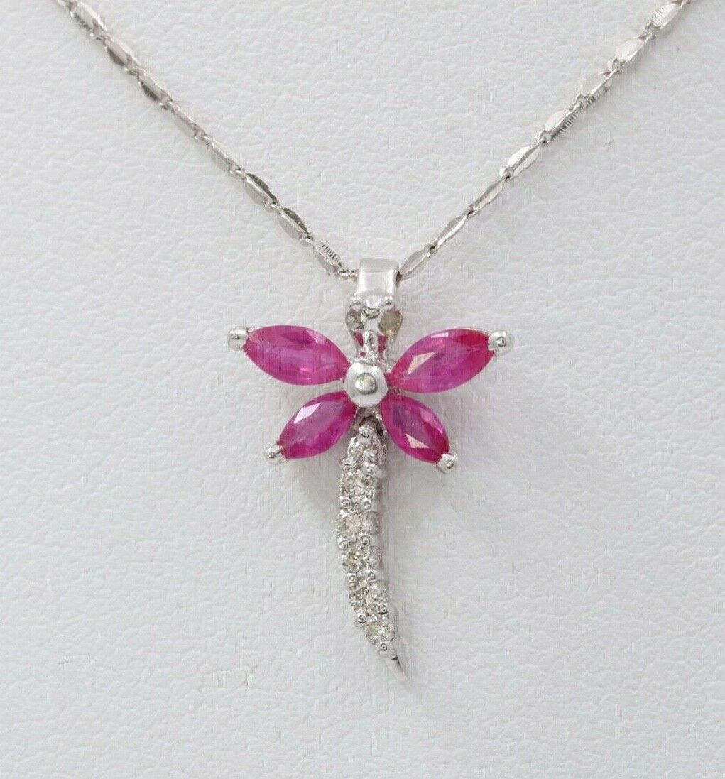 Sweet 14K White Gold Ruby Diamond Dragonfly Pendant Necklace