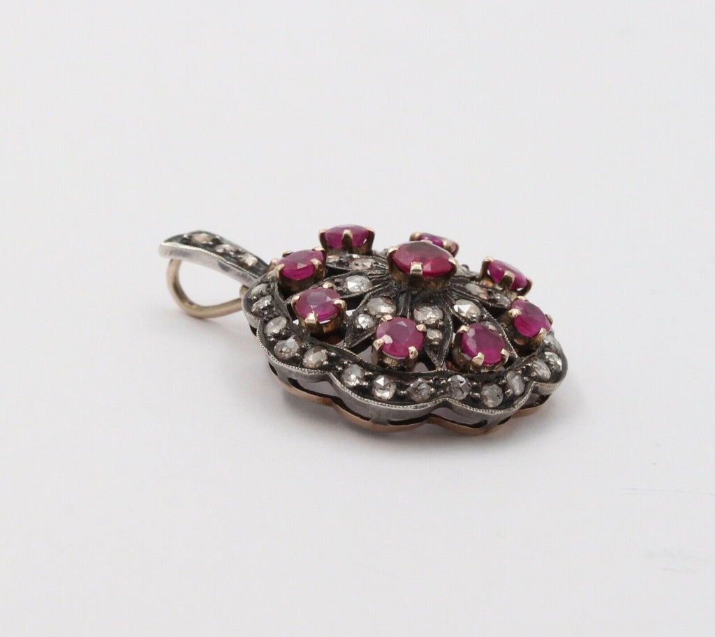 Victorian Rubies Diamonds 14K Rose Gold Silver Pendant