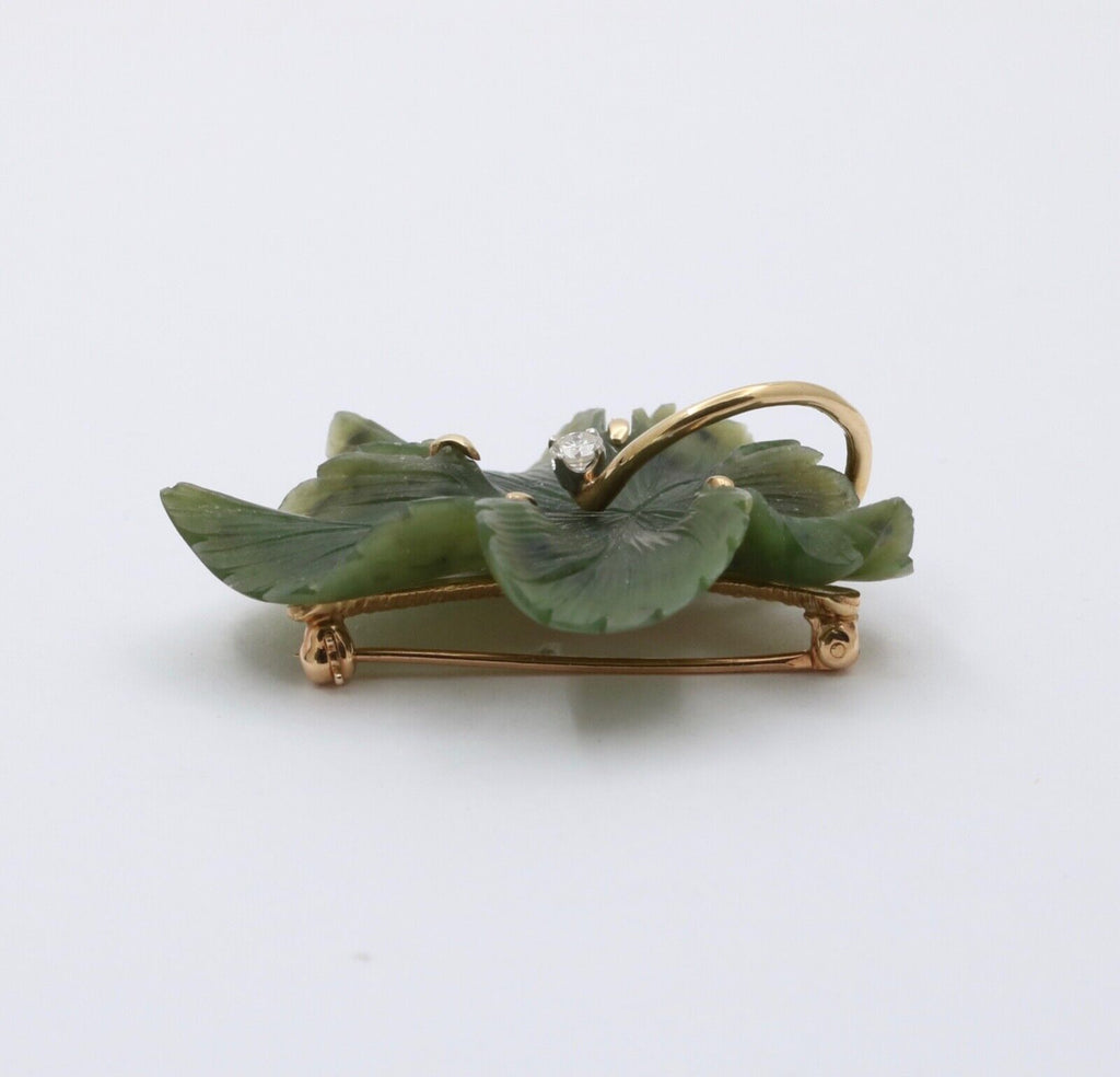 Vintage Diamond and Curved Jade 14K Yellow Gold Leaf Brooch, Pendant.