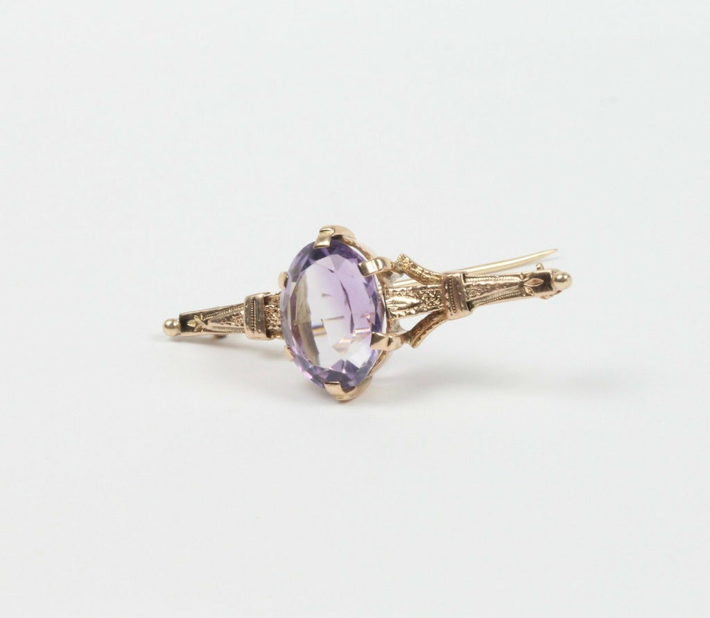 Vintage 14K Yellow Gold Amethyst Bar Brooch, Pin.