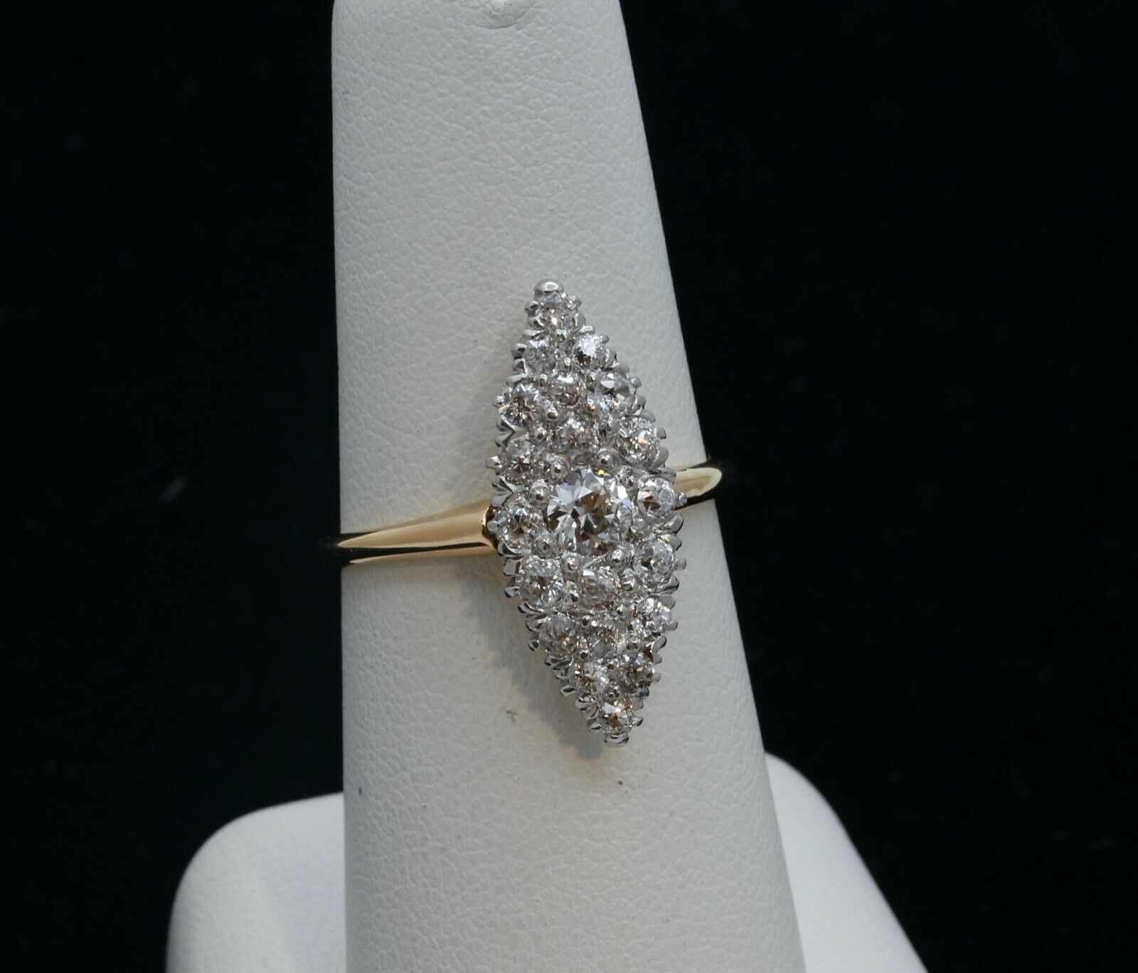 Victorian Navette 18K Yellow White Gold Diamonds Ring