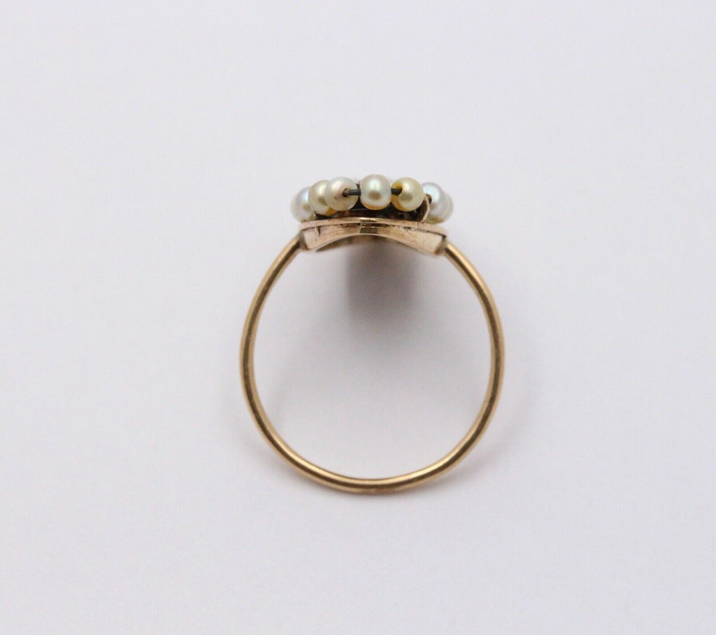 Victorian Navette Cameo Agate Natural Pearls 14K Yellow Gold Ring