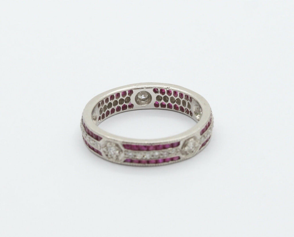 Ladies 18K White Gold Diamonds Rubies Stacking Eternity Band