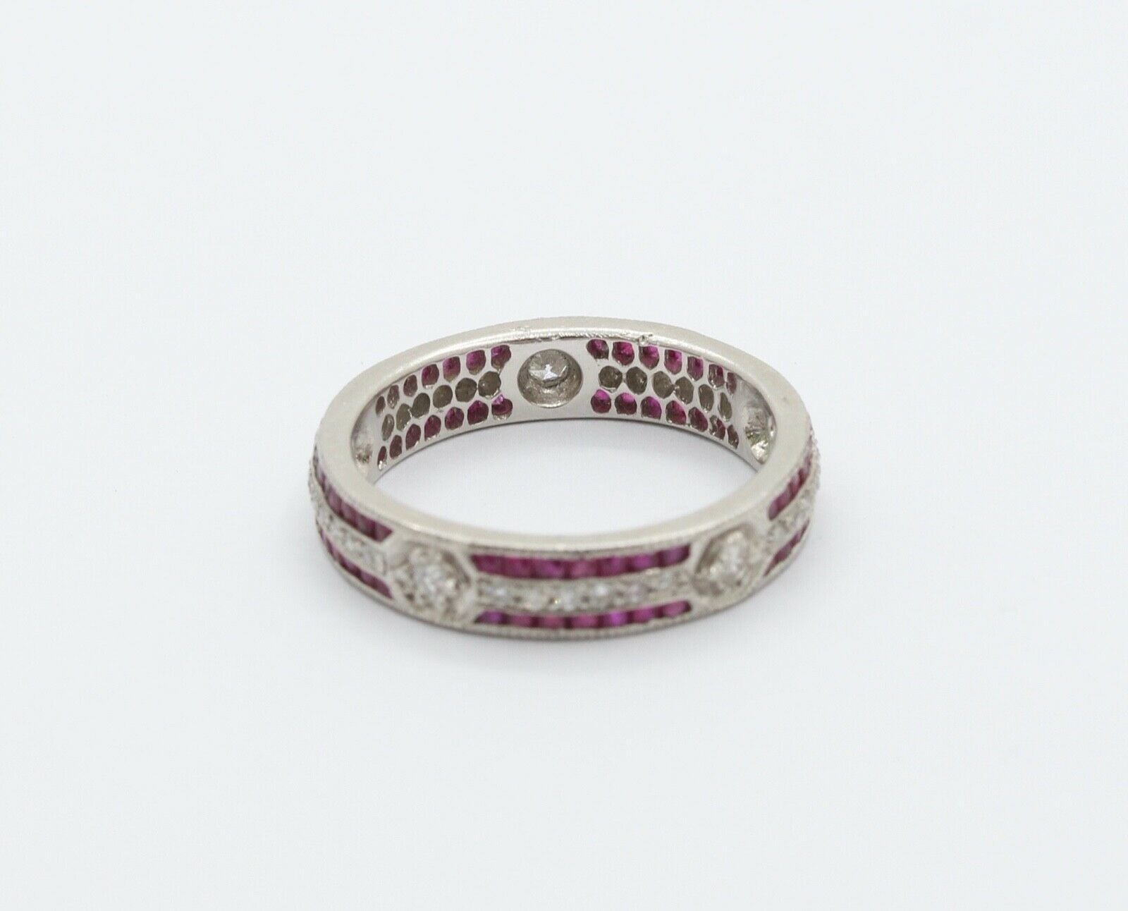 Ladies 18K White Gold Diamonds Rubies Stacking Eternity Band
