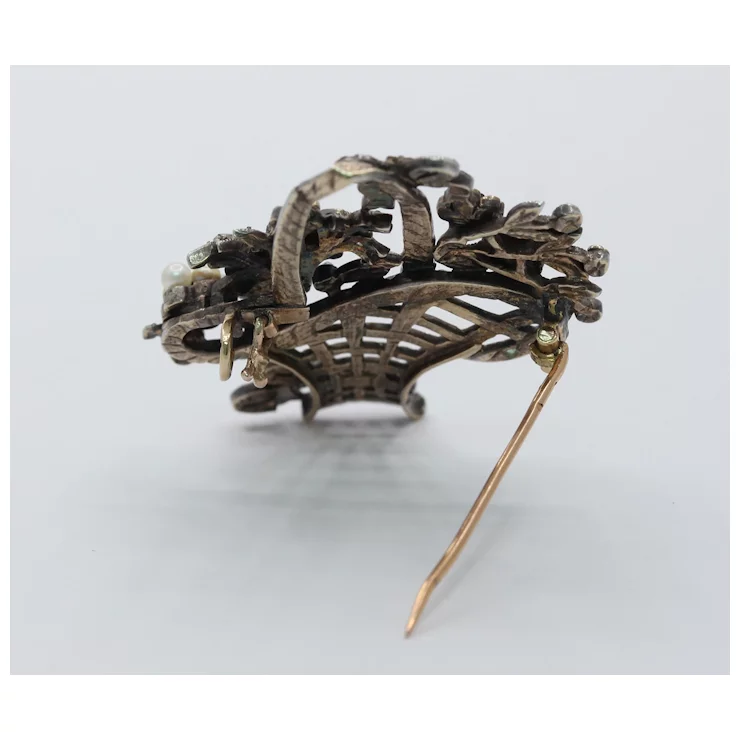 French Victorian Ladies Brooch Flower Basket 18K Ruby Diamonds Sapphires Pearl