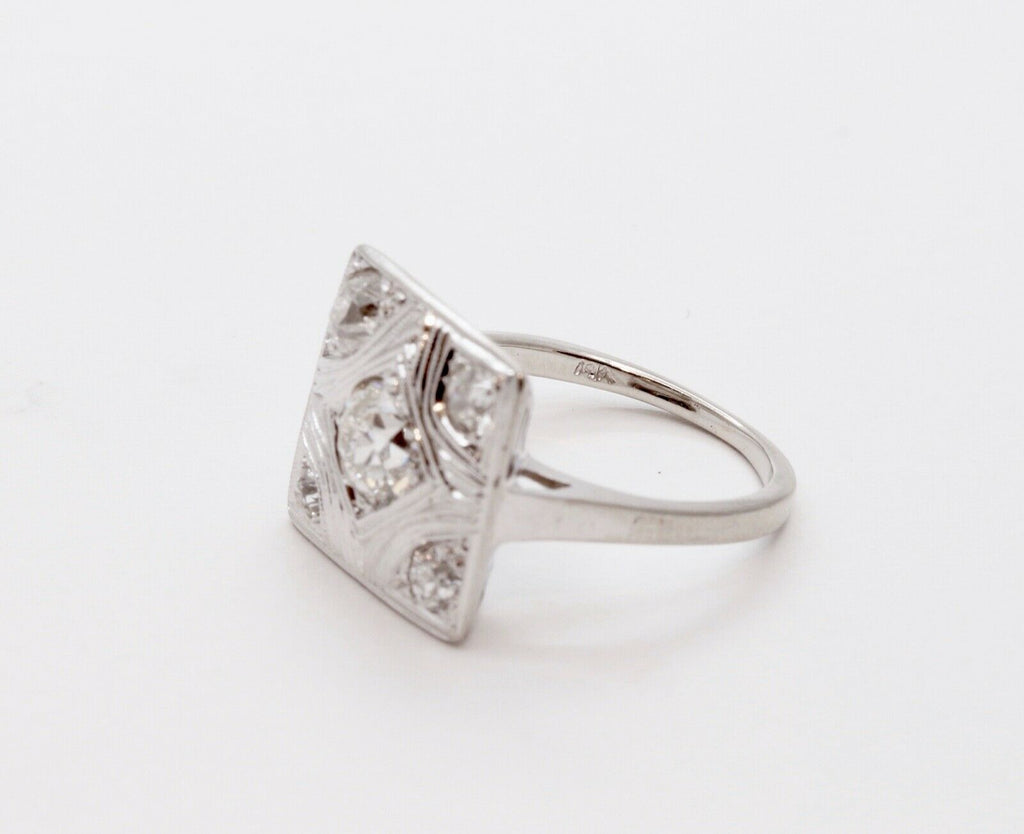 Art Deco Geometric Rope Filagree Diamonds 14K White Gold Ring