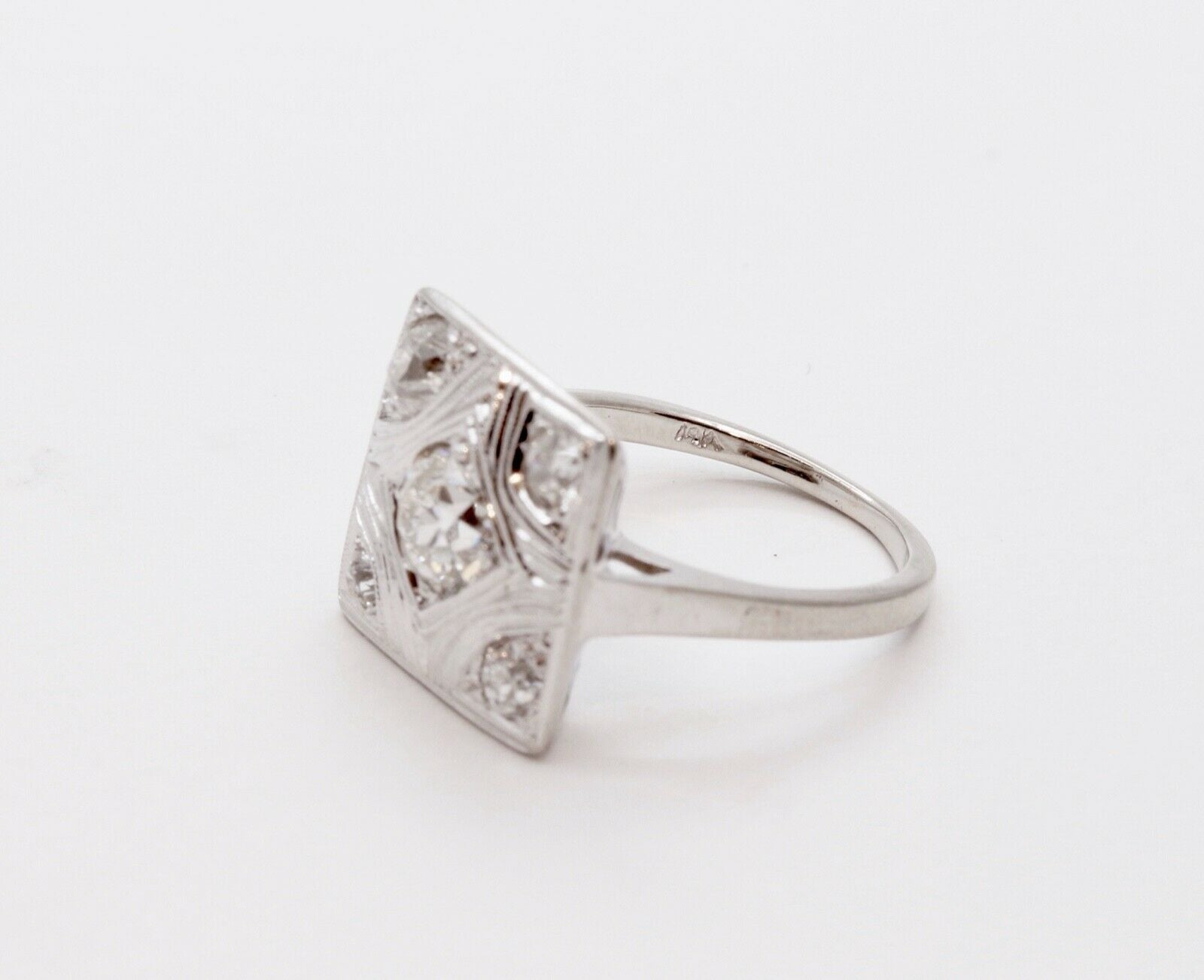 Art Deco Geometric Rope Filagree Diamonds 14K White Gold Ring