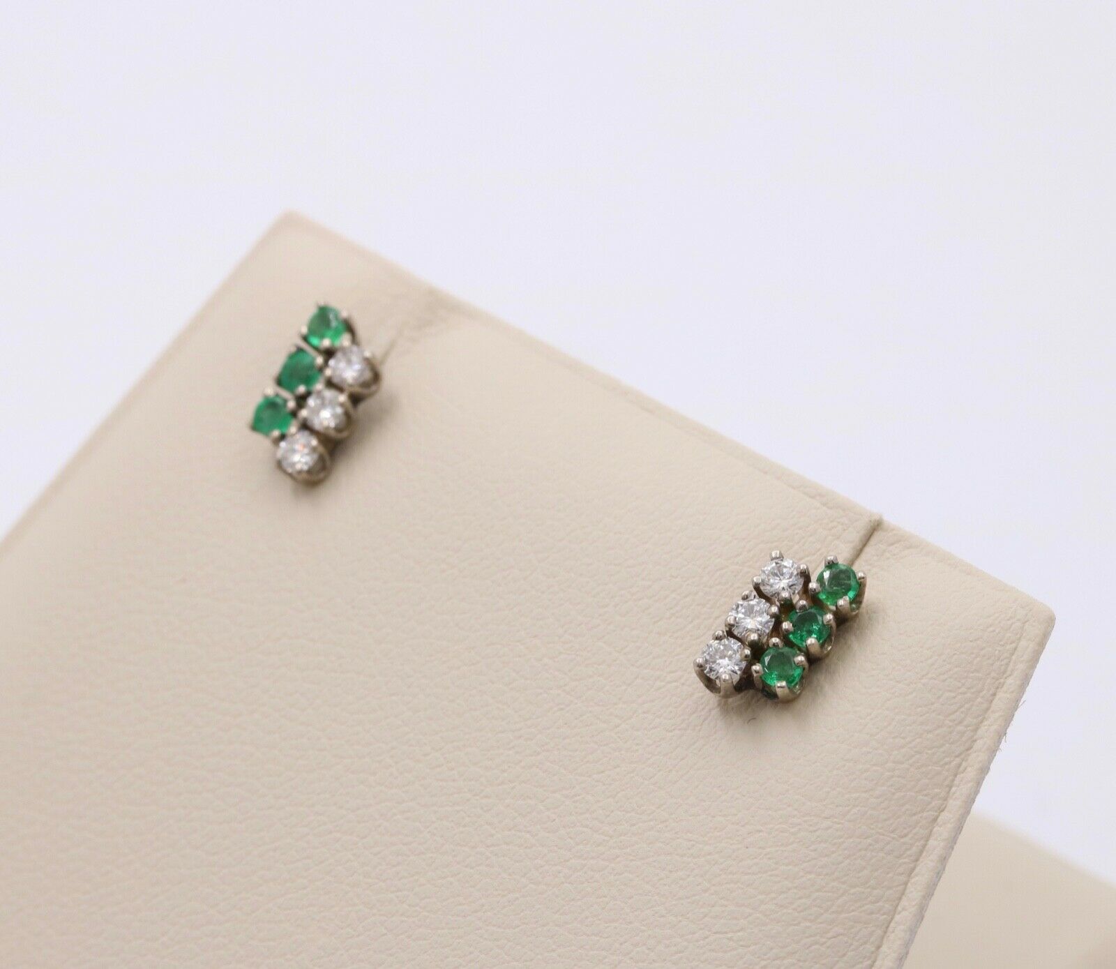 Vintage 14K White Gold Diamond & Emerald Cluster Studs Earrings, Push Back Earri