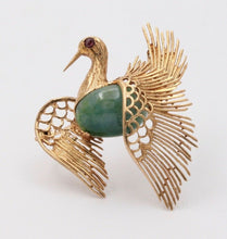 Load image into Gallery viewer, Vintage Estate Jadeite Jade Crane 14K High Relief Bird Brooch, Pin
