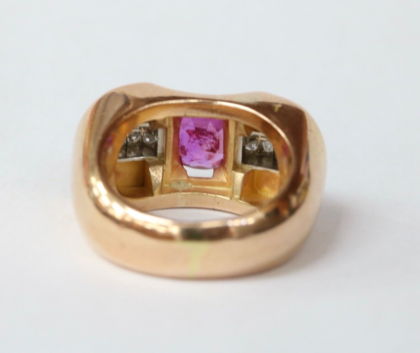 Retro 1940’s Pink Sapphire and Diamond 18K Yellow Gold Ring