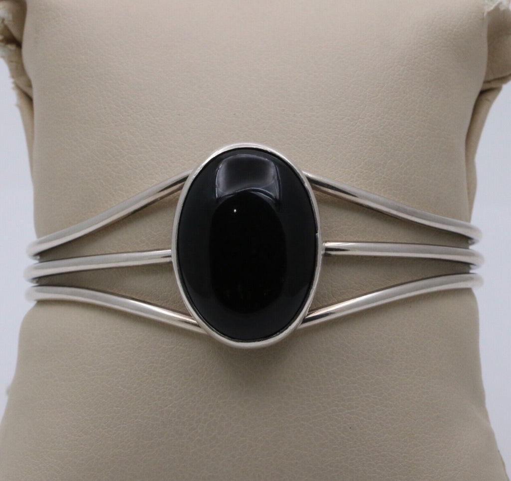 Vintage Onyx 925 Sterling Silver Bangle Cuff Bracelet