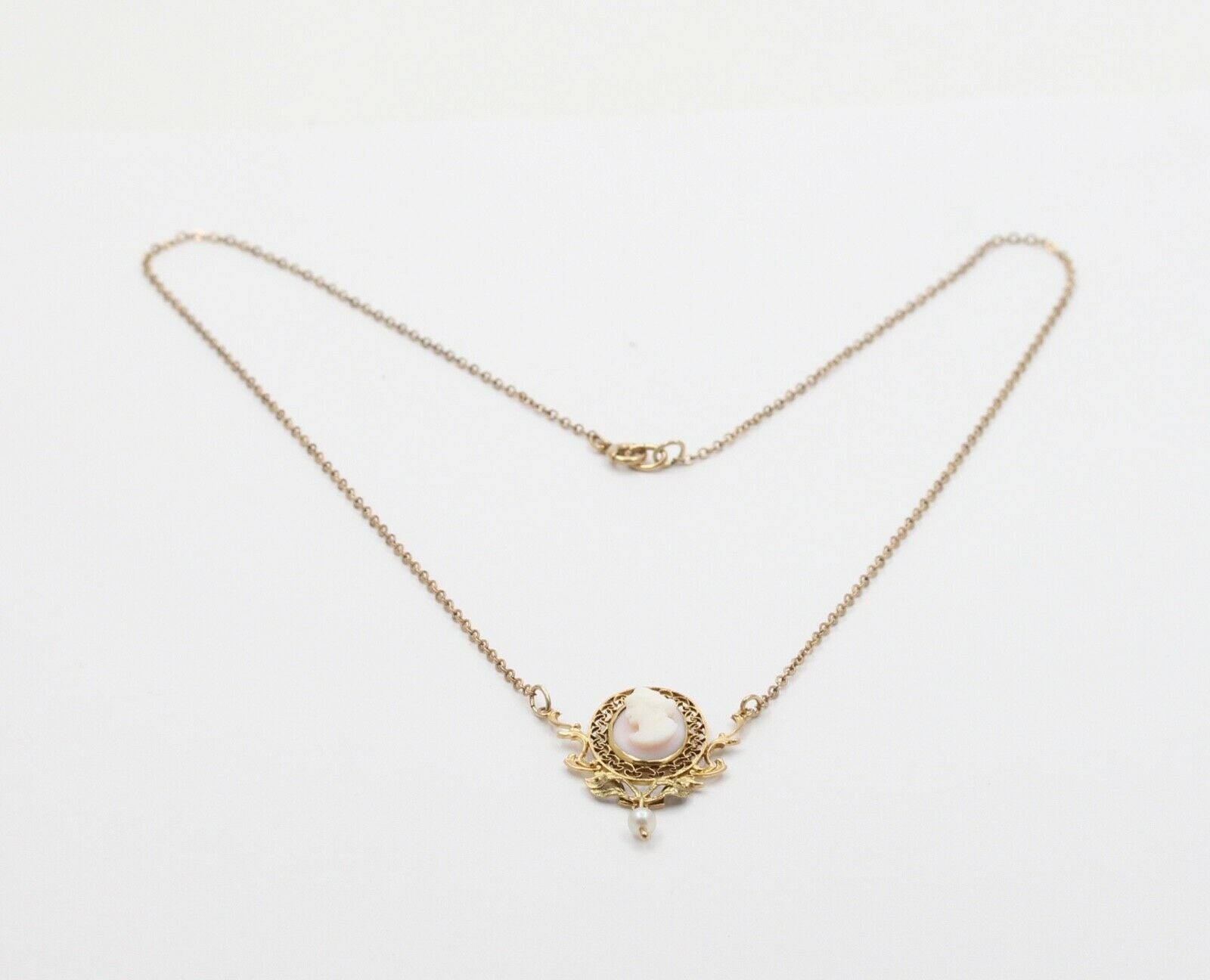 Art Nouveau Cameo Pearl 14K 10K Pendant and Chain
