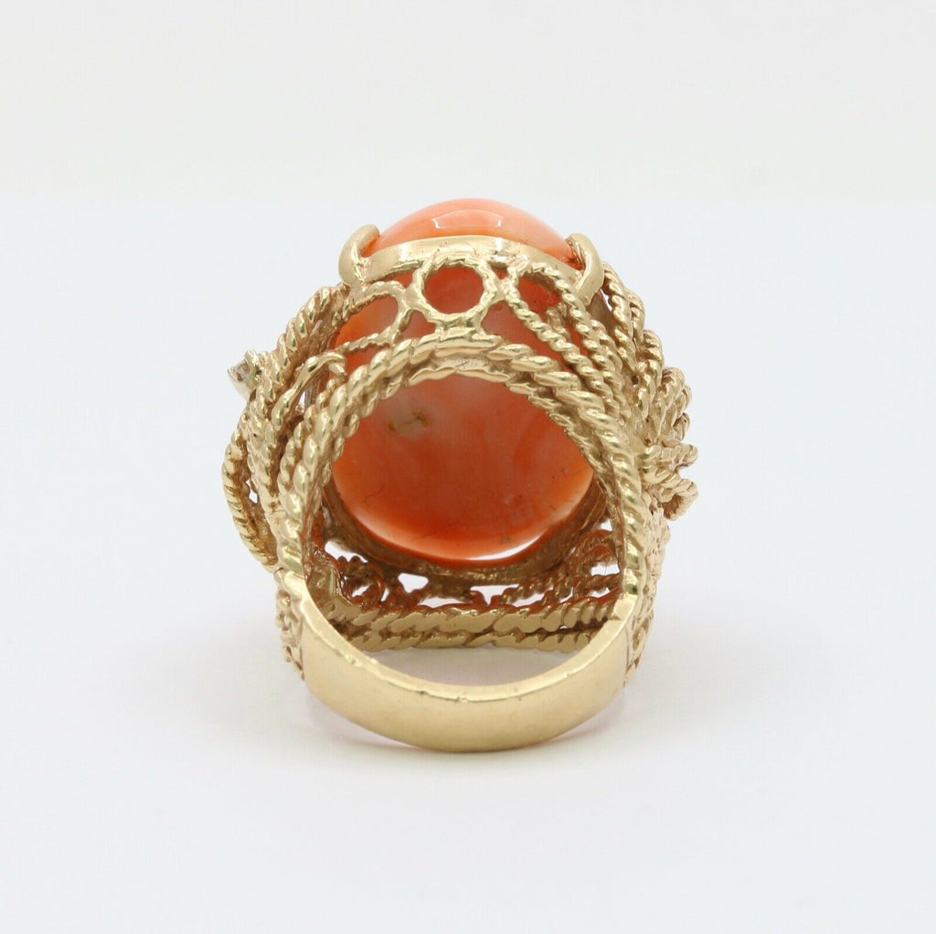 Huge Cabochon Angel Skin Coral Diamonds 14K Yellow Gold Ring