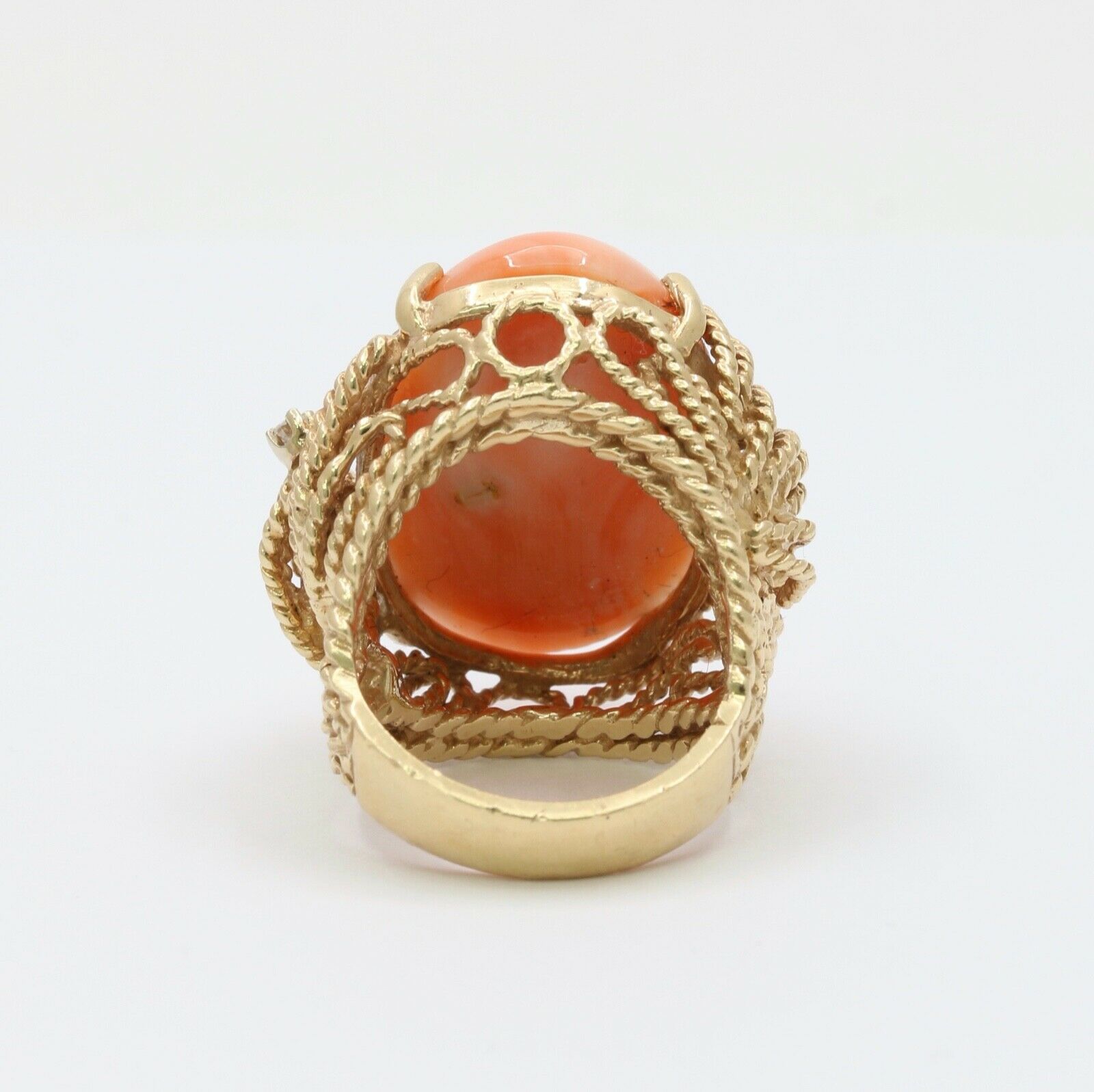 Huge Cabochon Angel Skin Coral Diamonds 14K Yellow Gold Ring
