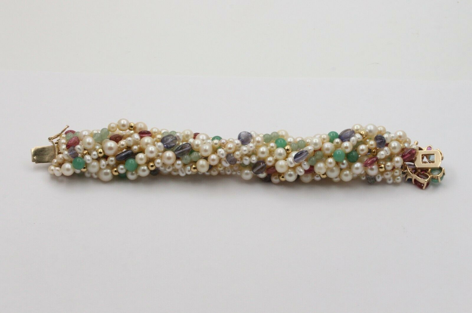 Vintage Multi-color Gem Stone Beaded Pearl 14K Yellow Gold Bracelet.
