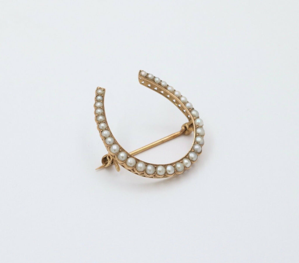 Antique 14K Yellow Gold Split Pearl Horseshoe Brooch, Pin.