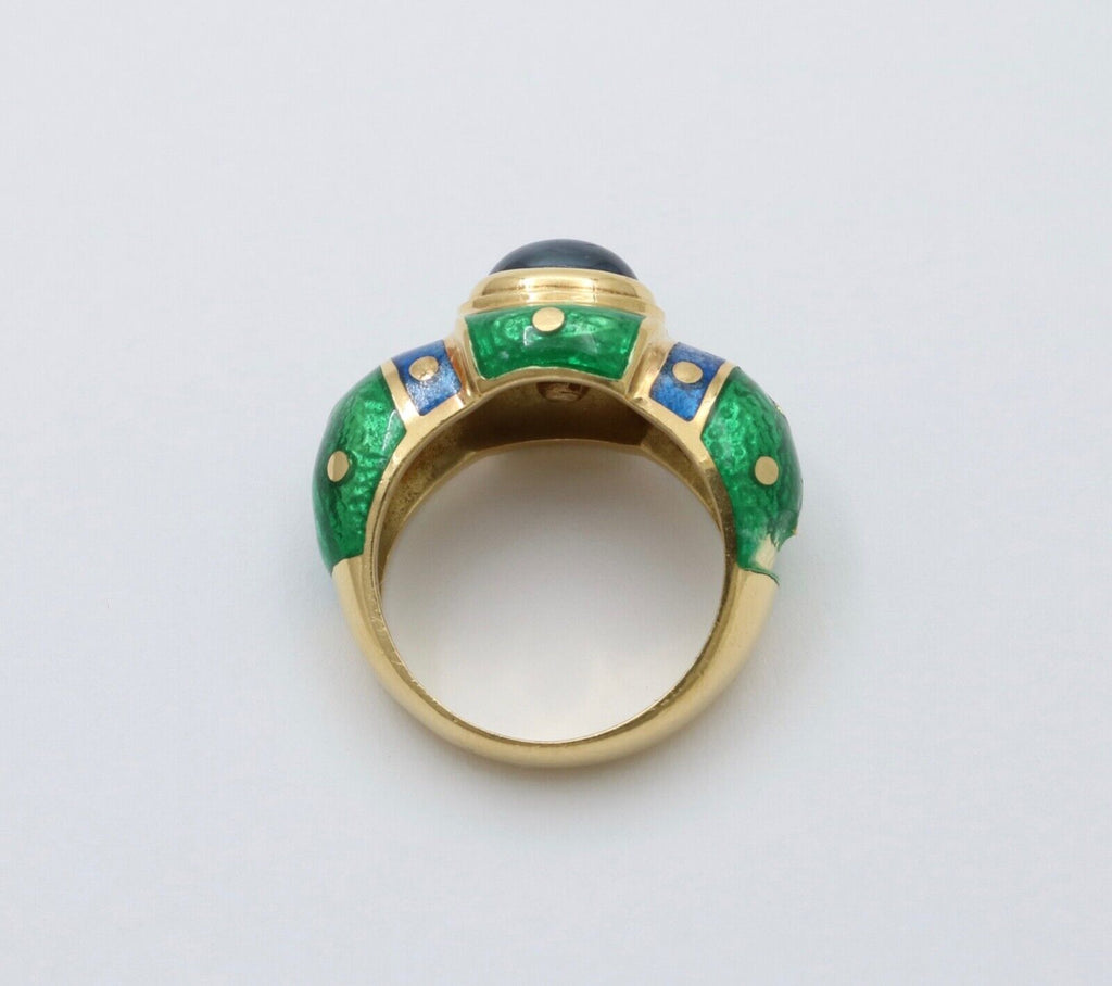 Vintage 18K Yellow Gold Sapphire Enamel Dome Ring , Ring Band