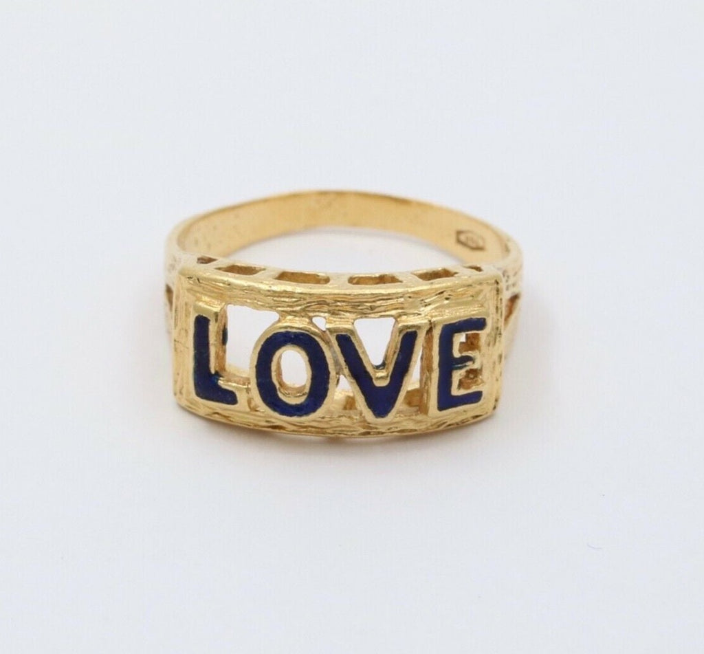 Vintage Love Blue Enamel 18K Yellow Gold Ring