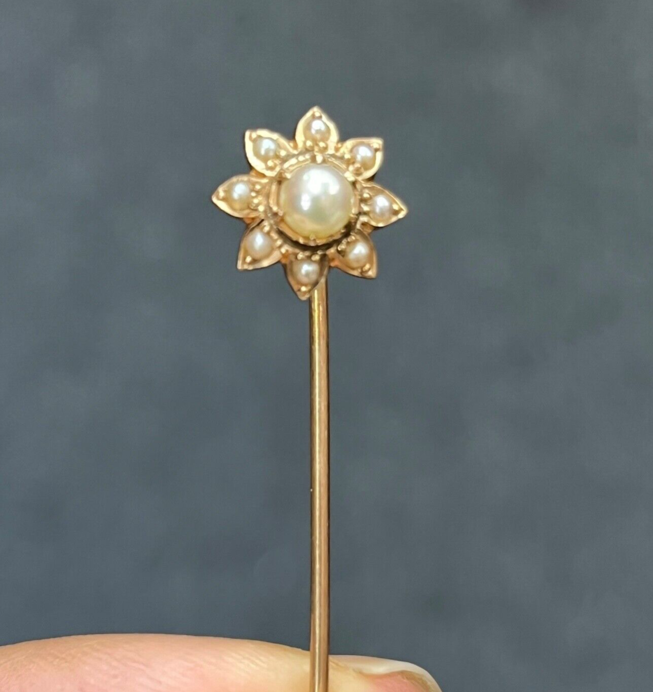 Antique 14K Yellow Gold Pearls Flower Stick Pin