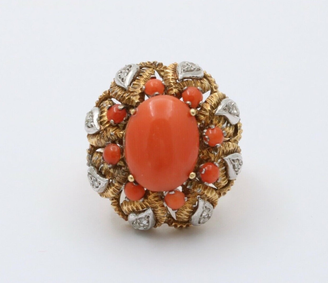 Vintage Statement Cocktail Coral Rose Cut Diamonds 18K YG WG Ring