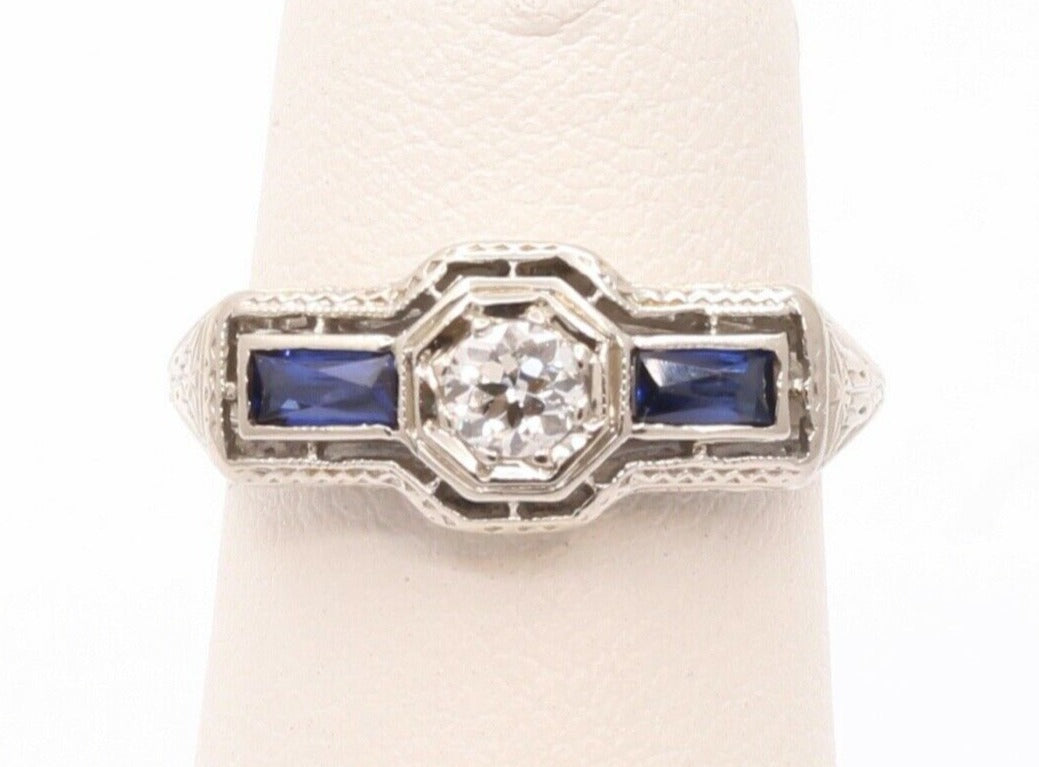 Art Deco 18K White Gold Diamond & Synthetic Sapphire Ring