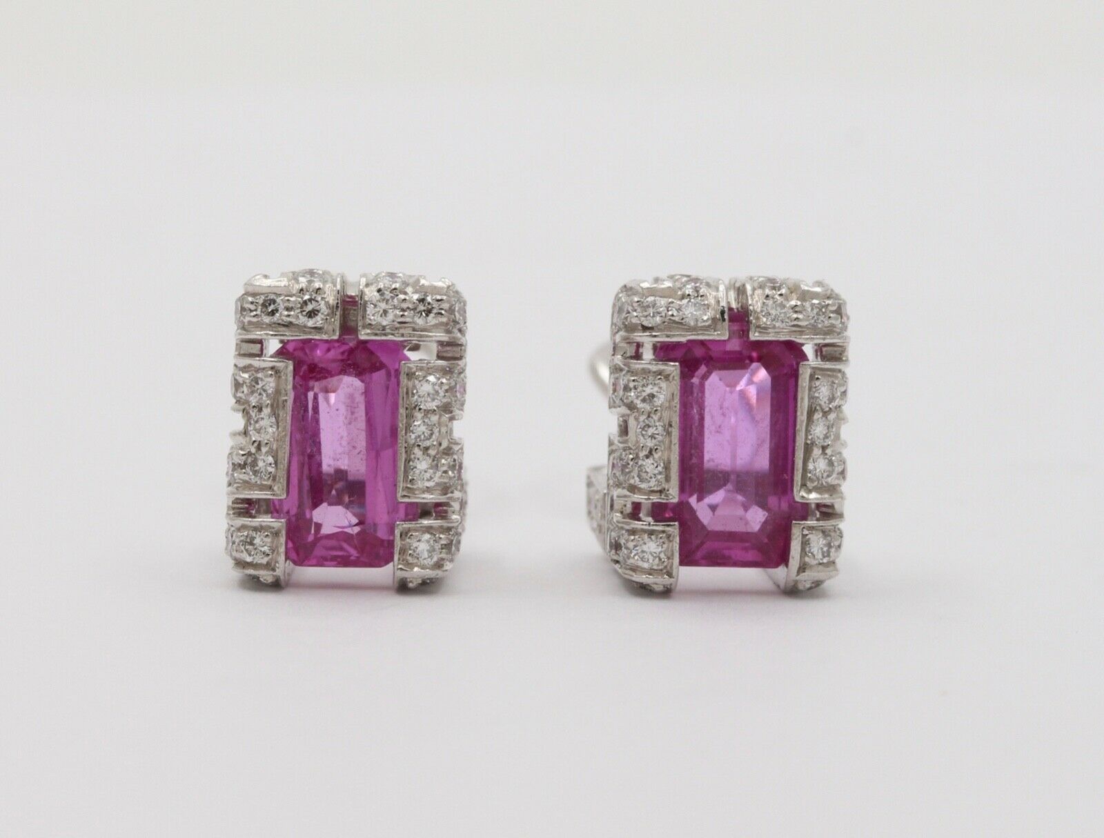 Vintage 18K White Gold Haggis’s Emerald Cut Pink Topaz Diamond Earrings