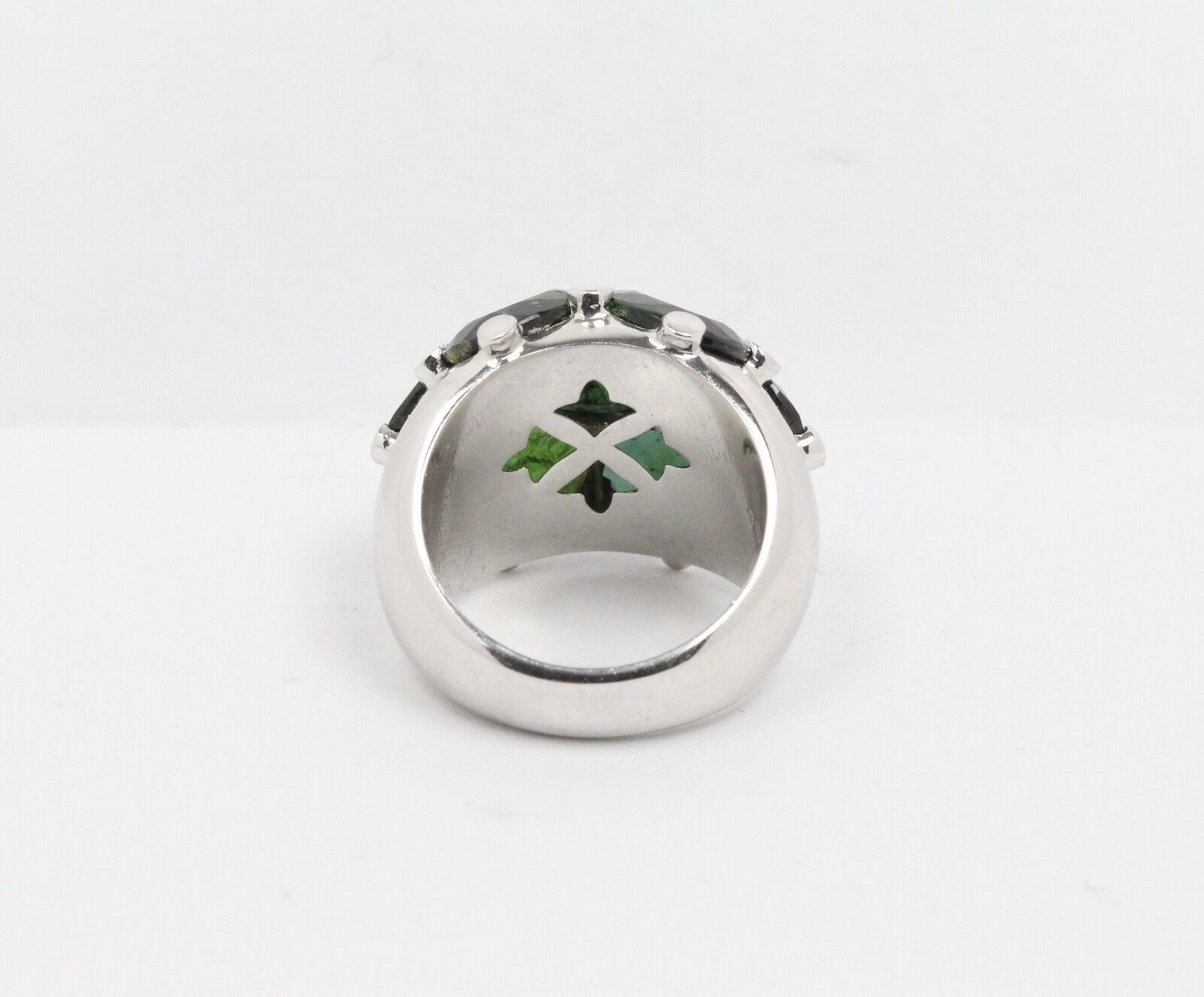 Vintage 18K White Gold  Green Tourmaline & Diamonds Dome Ring