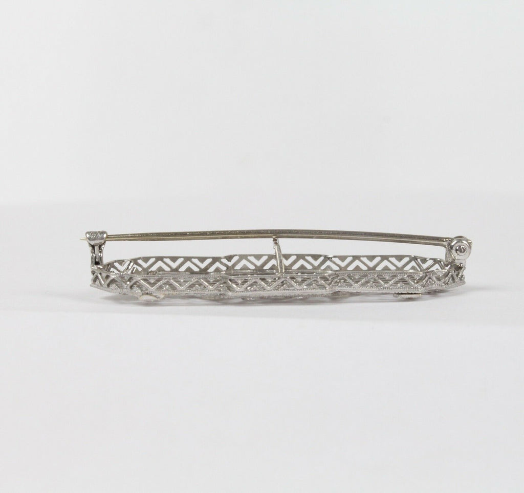 Art Deco 14K White Gold Diamond Filigree Brooch