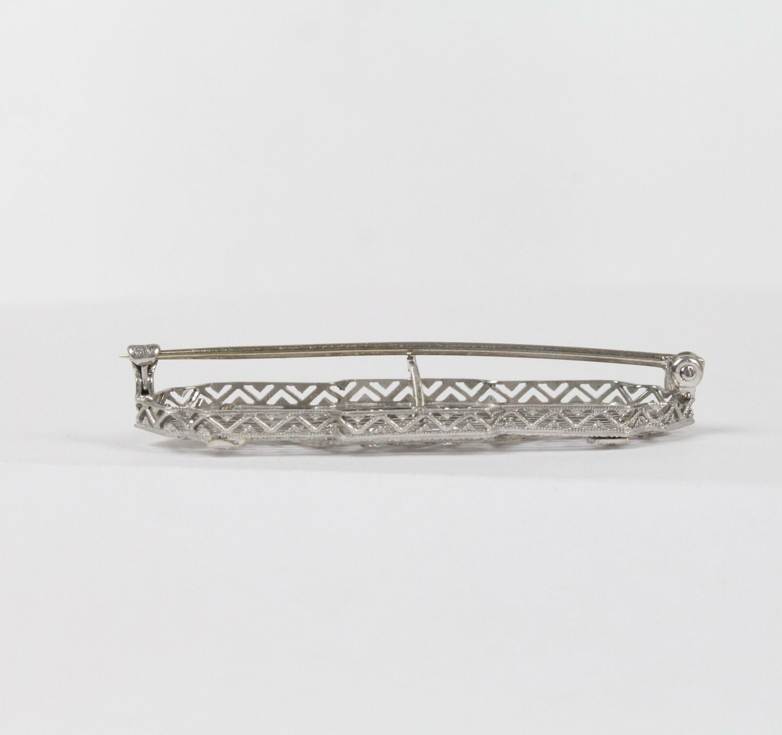 Art Deco 14K White Gold Diamond Filigree Brooch