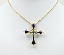 Load image into Gallery viewer, Faberge 1983 Enamel 14K Franklin Mint Sapphire Midnight Cross Pendant with Chain
