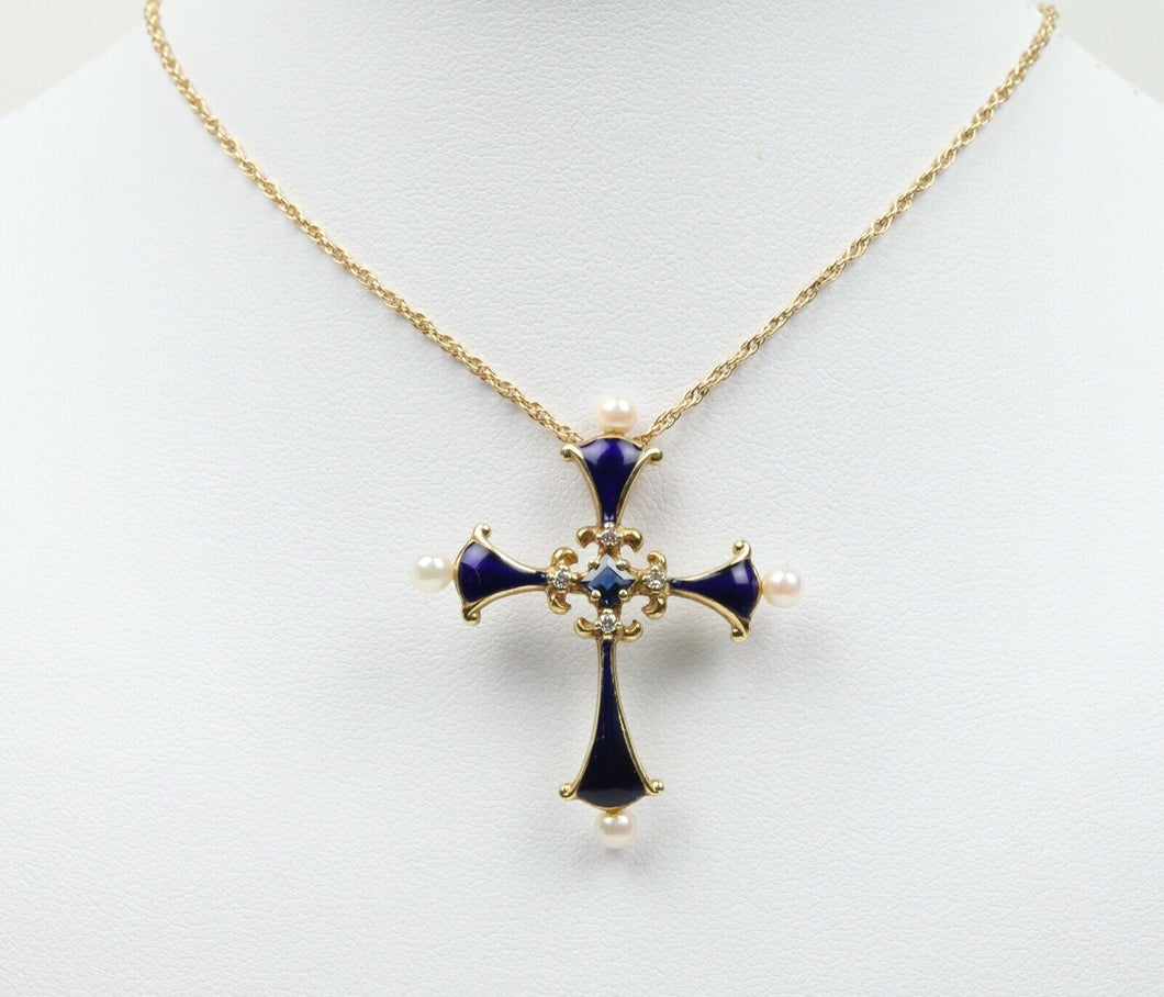 Faberge 1983 Enamel 14K Franklin Mint Sapphire Midnight Cross Pendant with Chain