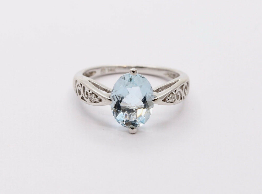 Vintage Ladies Natural Aquamarine Diamonds 14K White Gold Ring