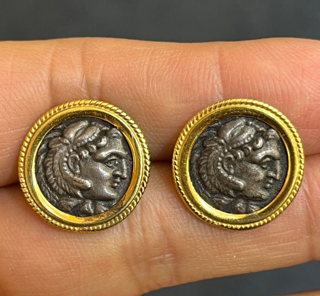 Vintage 14k Yellow Gold Ancient coin Alexander III 'the Great', Posthumous Studs