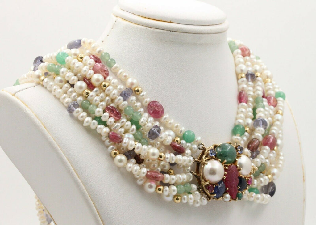 Vintage Beaded Pearl, Ruby, Sapphire and Aventurine Multi Strings Necklace