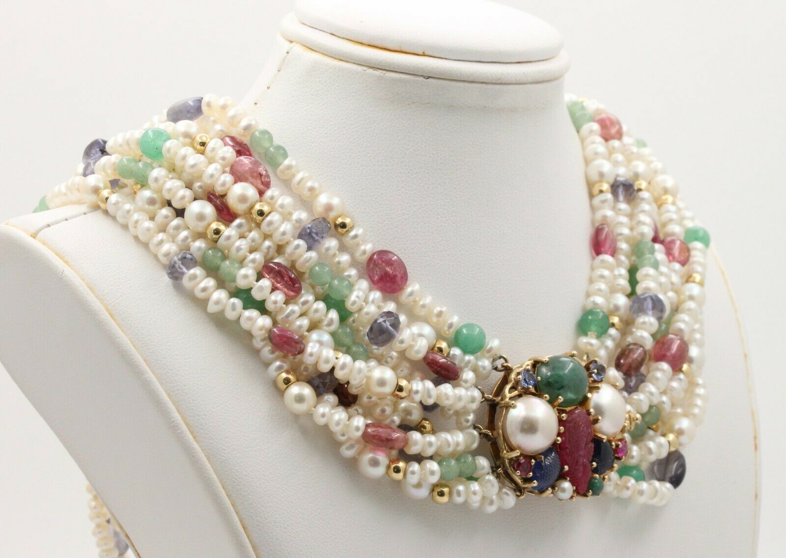 Vintage Beaded Pearl, Ruby, Sapphire and Aventurine Multi Strings Necklace